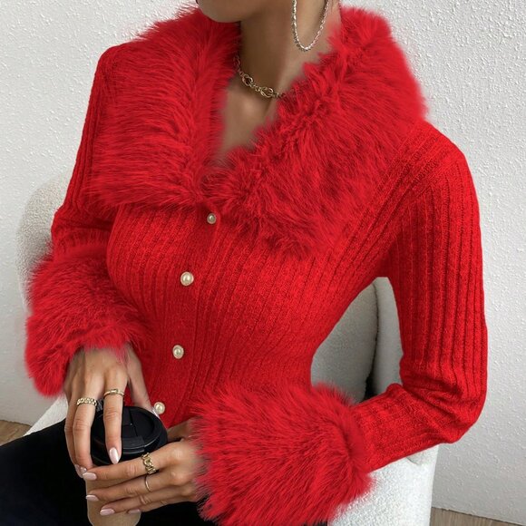 Red Casual Women's Fuzzy Patchwork Slim Fit Cardigan - Picture 5 of 8
